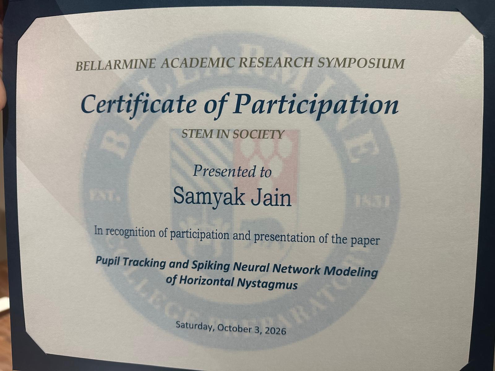 Bellarmine Academic Research Symposium Certificate of Participation